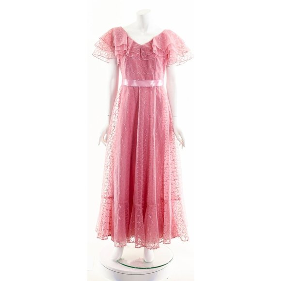 Raspberry Pink Sheer Ruffle Dress,Sheer Lace PInk Gown,60s Gone with the Wind St - Picture 4 of 10